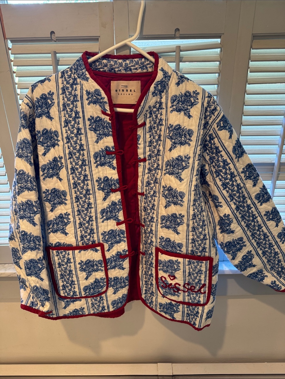 Sissel Edelbo Quilted Blue & White Floral Jacket with Red Trim